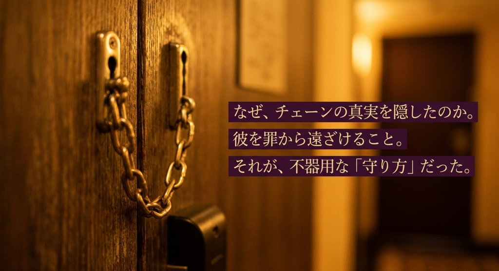 杉下希美が安藤望によるドアチェーンの事実を隠し、彼を事件の罪悪感から遠ざけようとした不器用な守り方を表したスライド