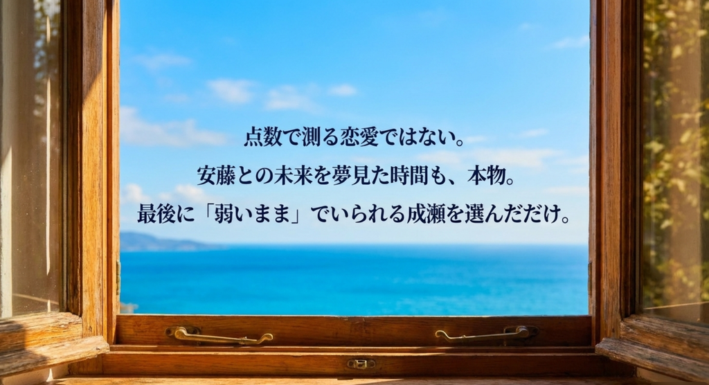 安藤望との未来を夢見た時間も本物であり、そのうえで最後に弱いまま一緒にいられる成瀬慎司を選んだ希美の最終的な選択を表したスライド