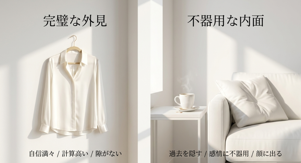 『やまとなでしこ』神野桜子の完璧な外見と、過去を隠し感情には不器用な内面とのギャップを示したスライド