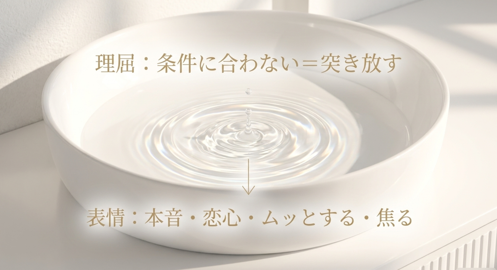 『やまとなでしこ』桜子が条件に合わない欧介を理屈では突き放しながら、表情には恋心や焦りなどの本音が現れることを示したスライド
