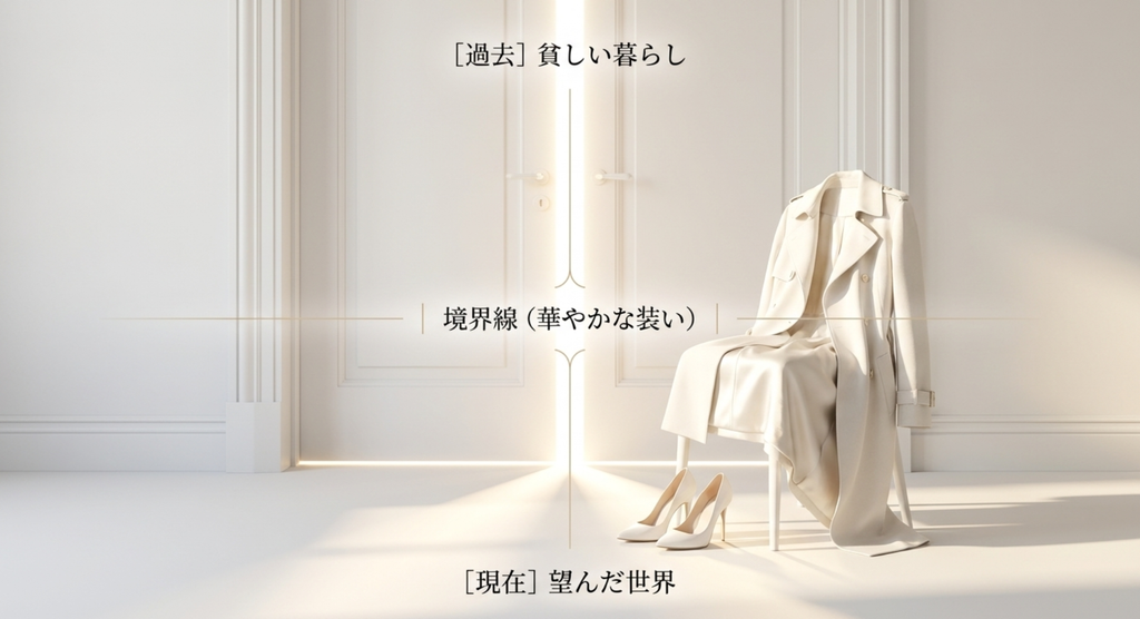 『やまとなでしこ』桜子の貧しい過去と望んだ現在の世界を、華やかな装いが境界線として隔てていることを表したスライド