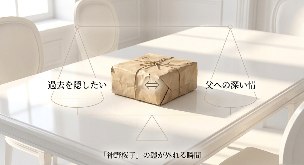 『やまとなでしこ』桜子が過去を隠したい気持ちと父への深い情の間で揺れ、「神野桜子」という鎧が外れる瞬間を示したスライド