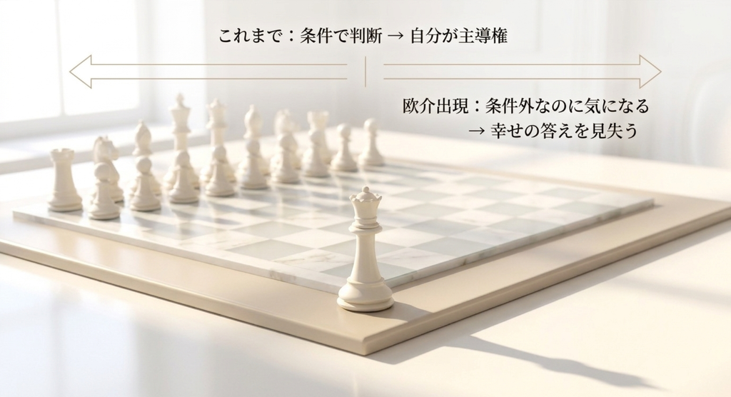 『やまとなでしこ』で条件によって相手を判断していた桜子が、条件外の欧介を意識したことで幸せの答えを見失っていく変化を示したスライド