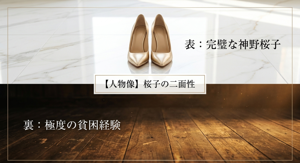 『やまとなでしこ』神野桜子の表に見える完璧さと、その裏にある極度の貧困経験という二面性を示したスライド