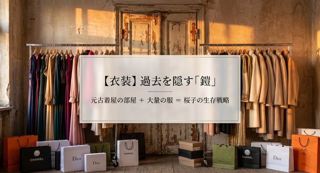 『やまとなでしこ』桜子の大量の衣装と元古着屋という部屋の設定を、過去を隠す鎧や生存戦略として読み解いたスライド
