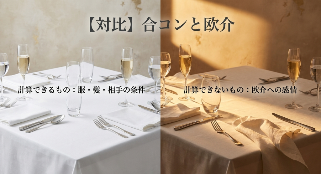『やまとなでしこ』で服・髪・相手の条件という計算できるものと、欧介への感情という計算できないものを対比したスライド
