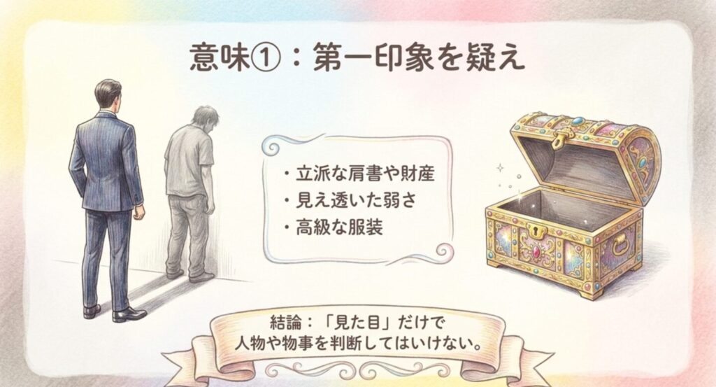 立派な肩書や財産と見えない弱さを対比し第一印象を疑う意味を示したスライド