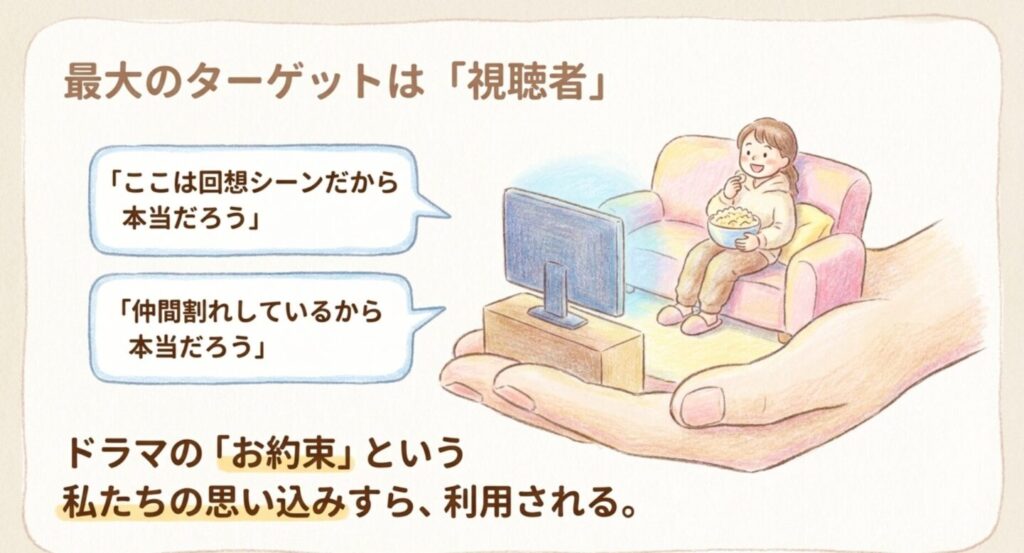 ドラマのお約束という視聴者の思い込みがコンゲームに利用される仕掛けを示したスライド