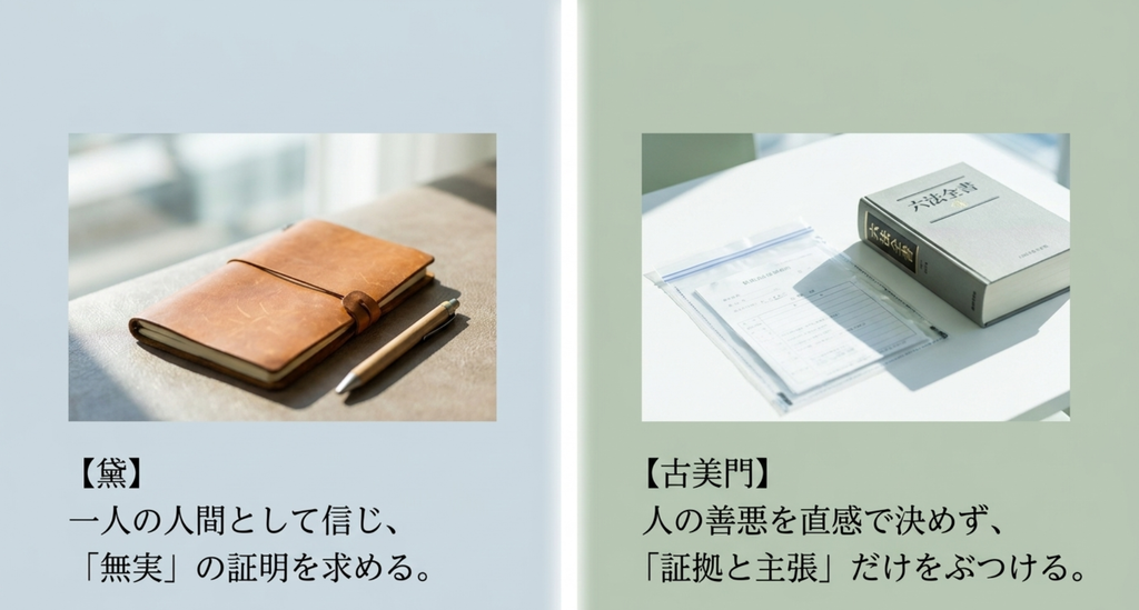 黛真知子は坪倉の無実を信じ古美門研介は証拠と主張をぶつけるという違いを表したスライド