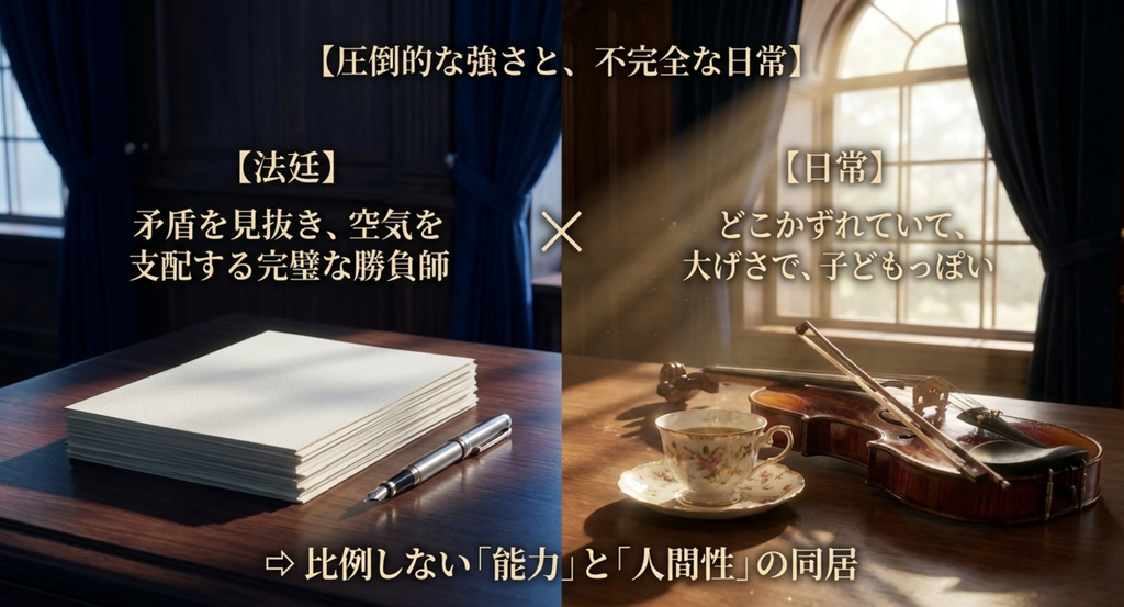 法廷では圧倒的に強く日常ではどこかずれている古美門研介の二面性を表したスライド
