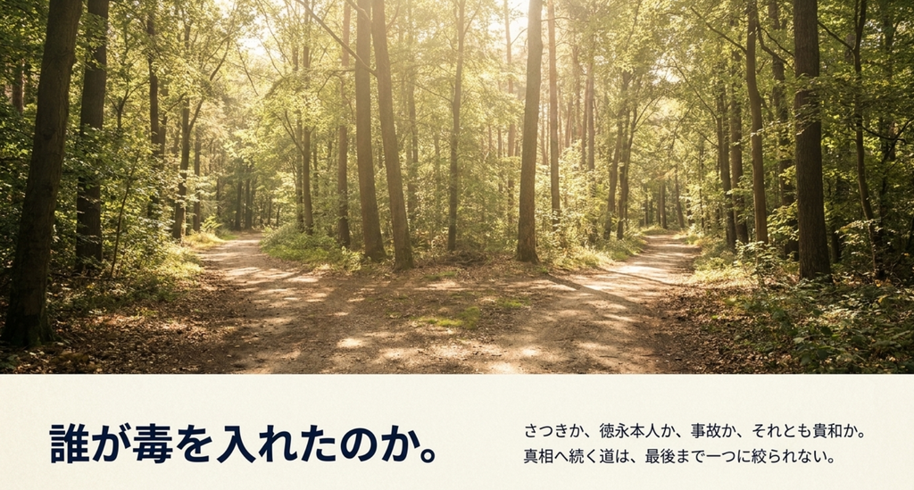 安藤貴和事件でさつきや徳永本人、事故など複数の可能性が最後まで残ることを表したスライド
