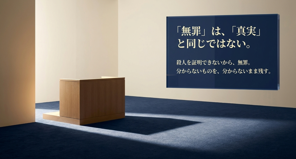 リーガル・ハイの安藤貴和事件で無罪判決と事件の完全な真実は別であることを表したスライド