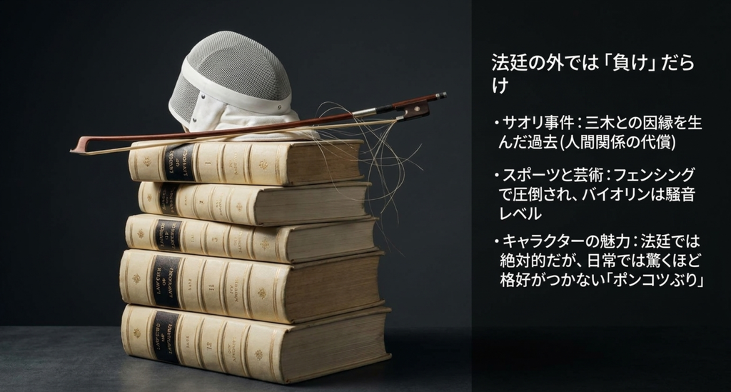 フェンシングや日常での失敗から古美門研介の人間味を表したスライド
