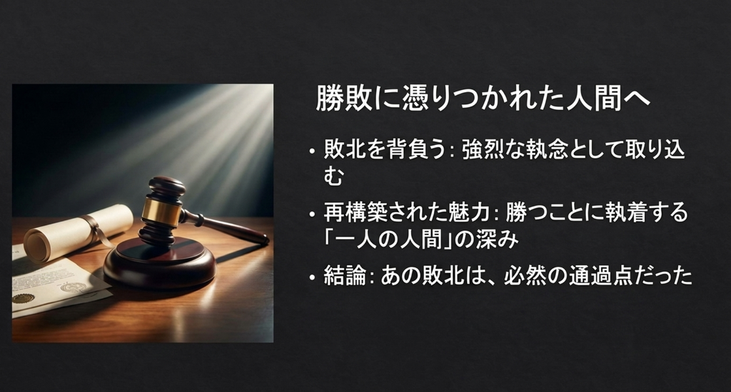 一度の敗北を背負い勝つことへの執着を深める古美門研介の人物像を表したスライド
