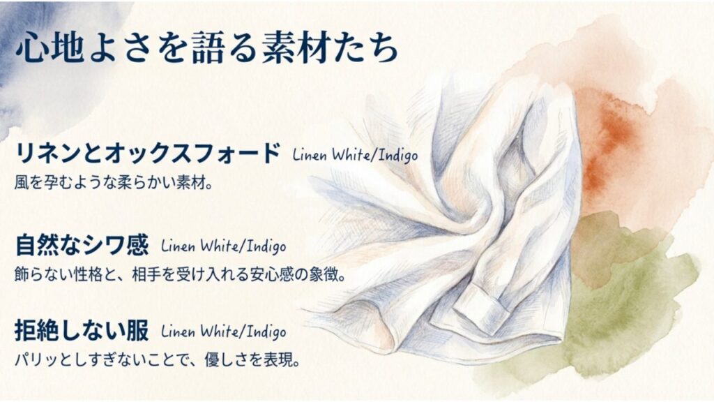 心地よさを語る素材:リネンとオックスフォードの自然なシワ感