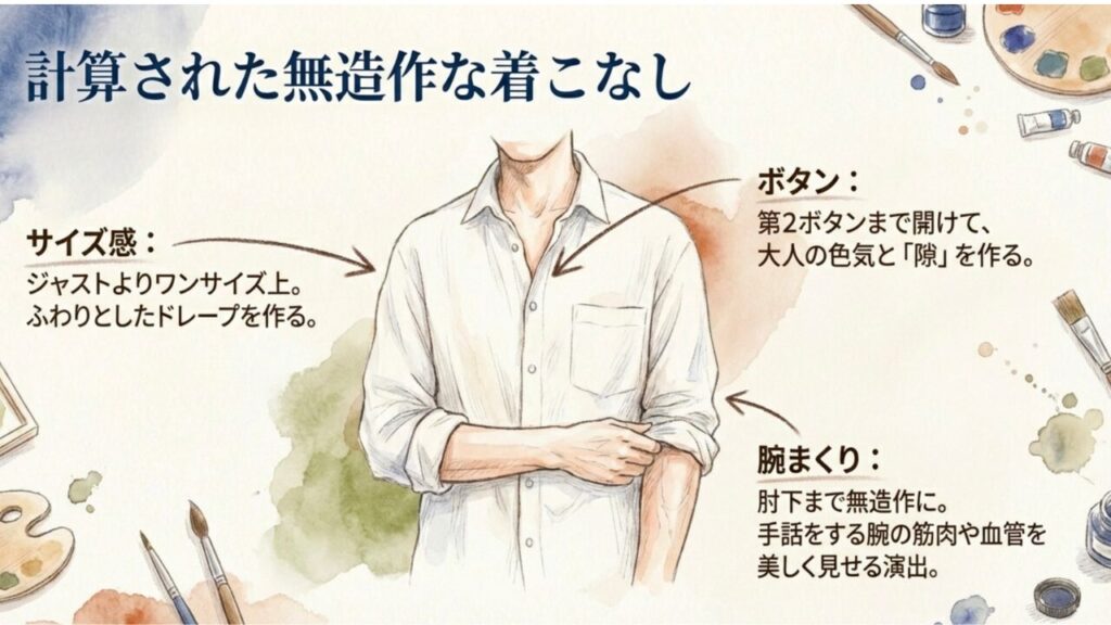 計算された無造作な着こなし:サイズ感、ボタンの開け方、腕まくりのポイント