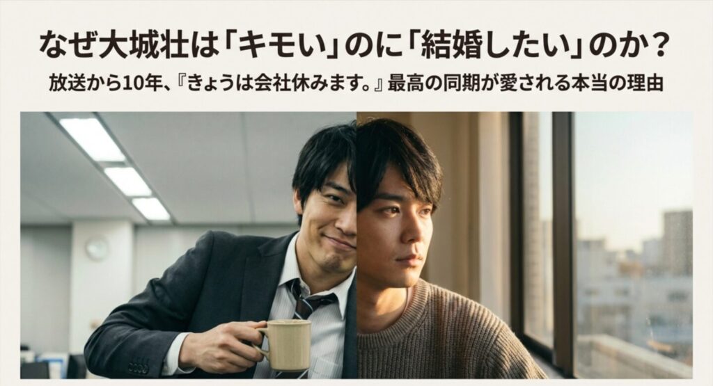 ドラマ『きょうは会社休みます。』の大城壮（田口淳之介）と田之倉悠斗（福士蒼汰）のビジュアル。「なぜ大城壮は『キモい』のに『結婚したい』のか？最高の同期が愛される本当の理由」