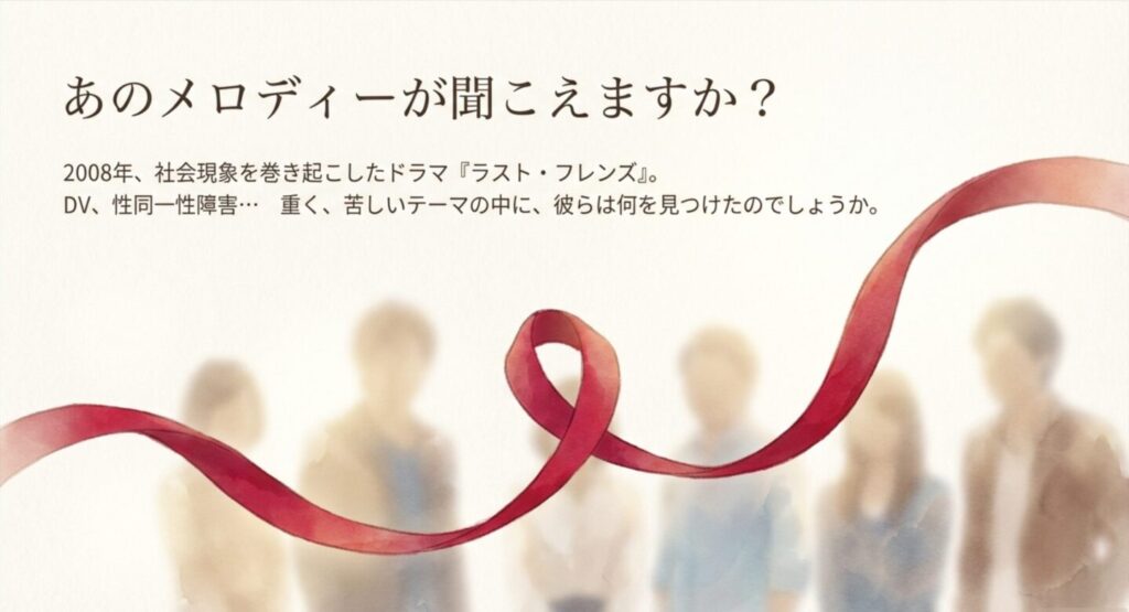 ドラマ『ラスト・フレンズ』のタイトルロゴと、DVや性同一性障害といった重厚なテーマを示唆するイントロダクション画像。