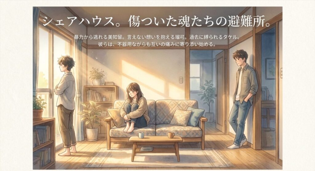 シェアハウスのリビングに佇む美知留、瑠可、タケルの3人。傷ついた魂の避難所としての温かい雰囲気を描いたイラスト。