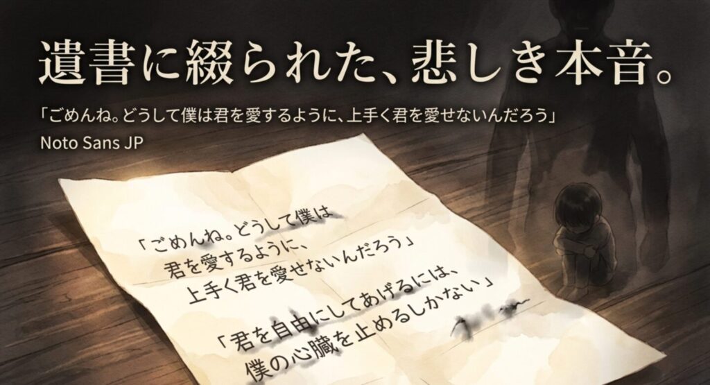 「ごめんね。どうして僕は君を愛するように、上手く君を愛せないんだろう」という、宗佑の遺書に書かれた手書きのメッセージ。