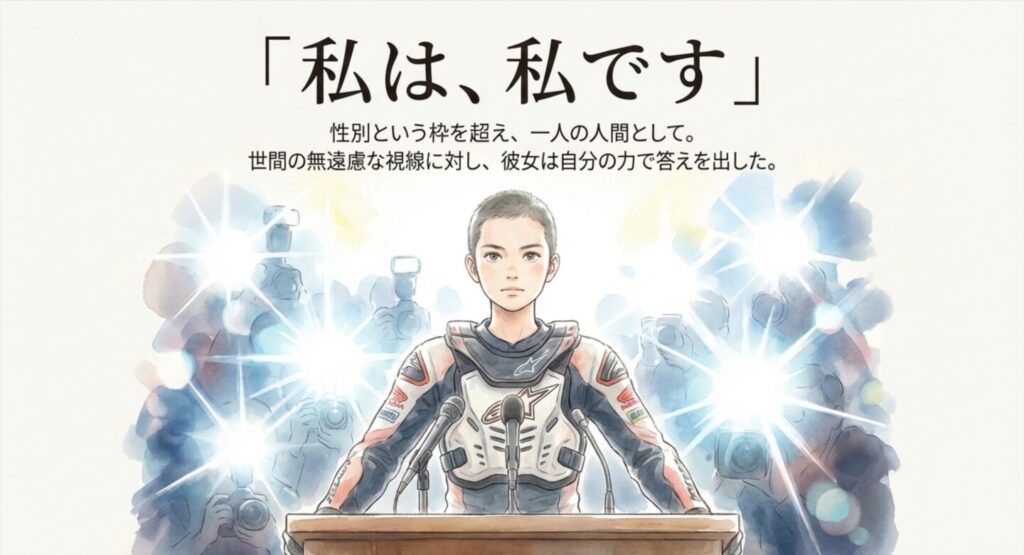 全日本選手権優勝後の記者会見で、性別に関する質問に対し毅然とした態度で「私は、私です」と答えるレーシングスーツ姿の岸本瑠可。