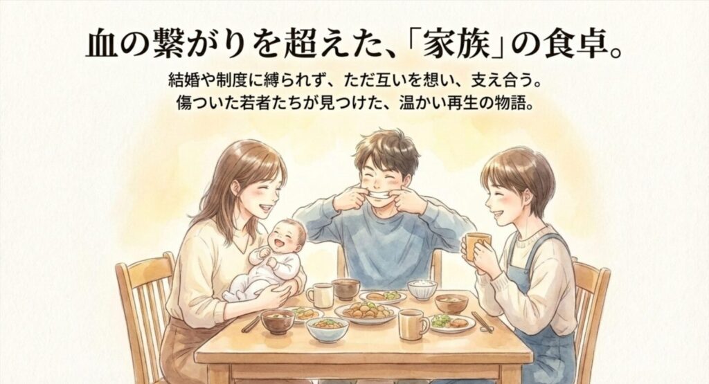 シェアハウスの食卓を囲み、笑顔で食事をする美知留、瑠可、タケル、そして赤ちゃんの瑠美。新しい家族の形を象徴するラストシーン。