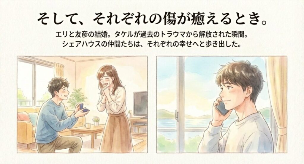 特別編で描かれた、エリにプロポーズする友彦と、電話で家族と和解するタケルの幸せそうな表情。