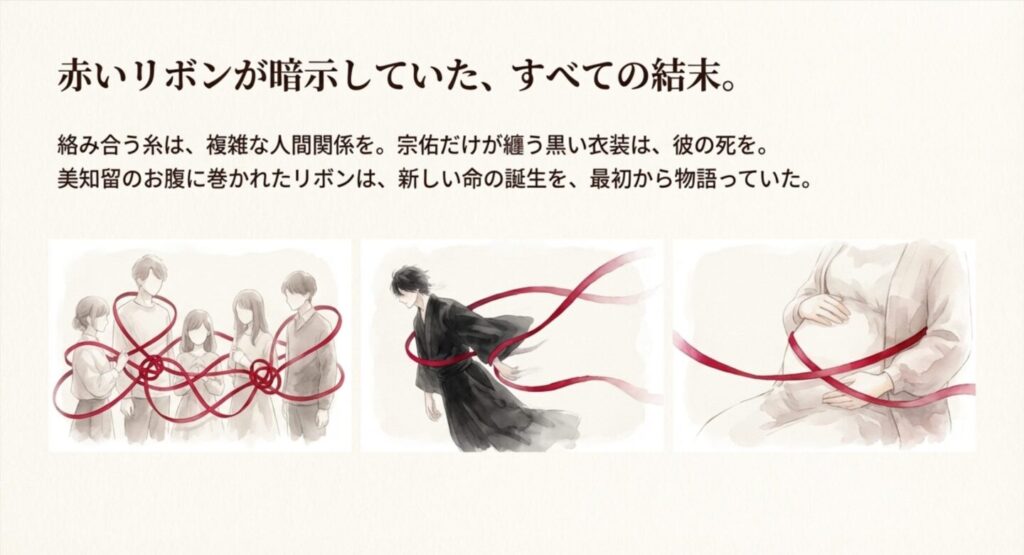 宇多田ヒカルの主題歌と共に流れるオープニング映像の解説。複雑に絡み合う赤いリボン、宗佑の孤立、美知留の妊娠を示唆する腹部のリボンなどの伏線図解。