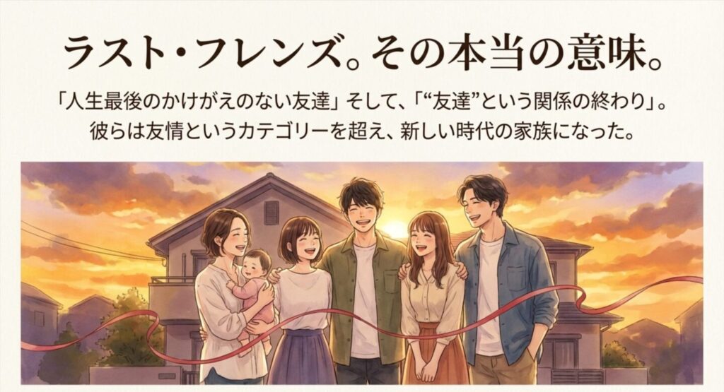 夕暮れのシェアハウスを背景に、美知留、瑠可、タケル、エリ、友彦が赤いリボンで緩やかに繋がっている、物語の「その後」を感じさせる集合イラスト。