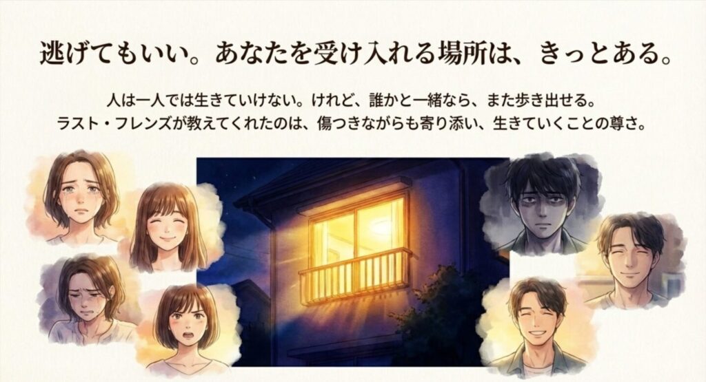 主要キャラクターたちの様々な表情のコラージュと共に、「逃げてもいい」「誰かと一緒なら歩き出せる」というドラマの核心的なメッセージが記された画像。