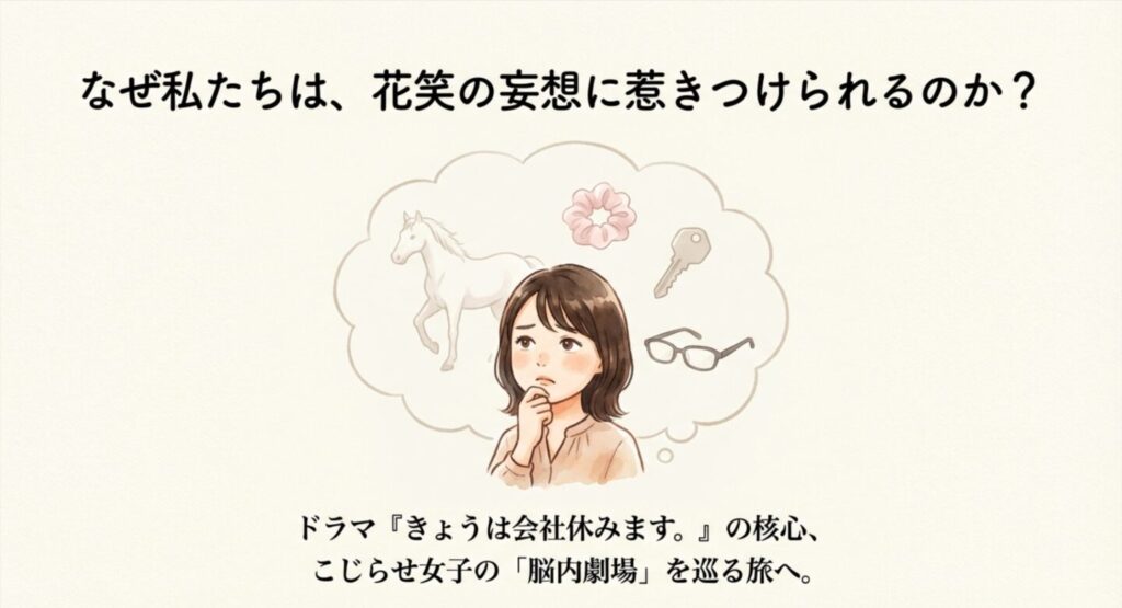 ドラマ『きょうは会社休みます。』の主人公・青石花笑が、白馬の王子様や鍵などを思い浮かべているイラスト