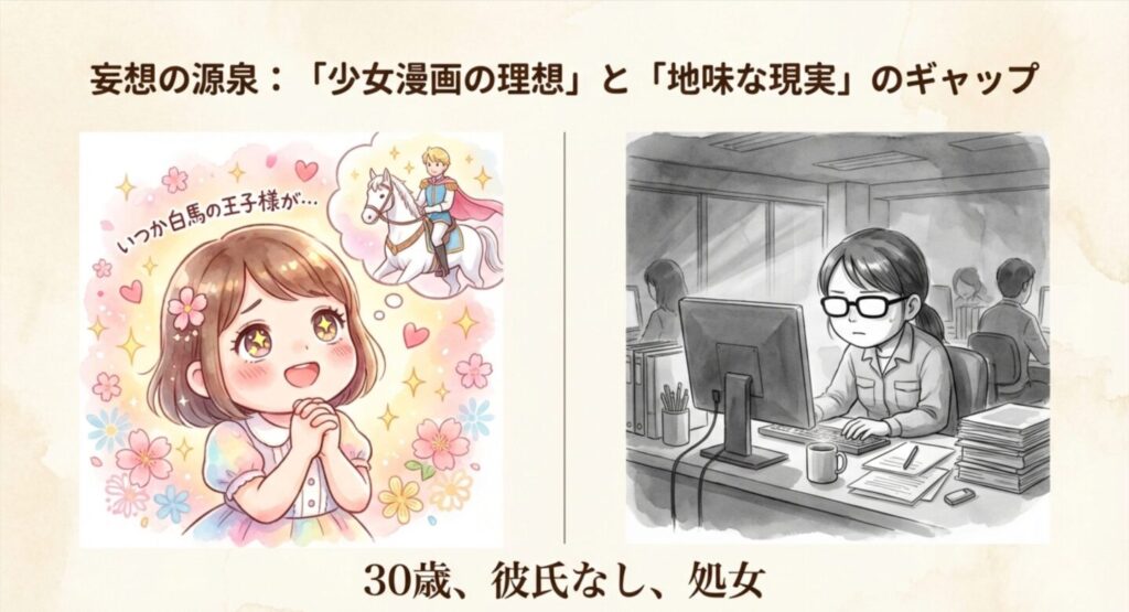 キラキラした背景で白馬の王子様を夢見る少女漫画チックな花笑のイラスト