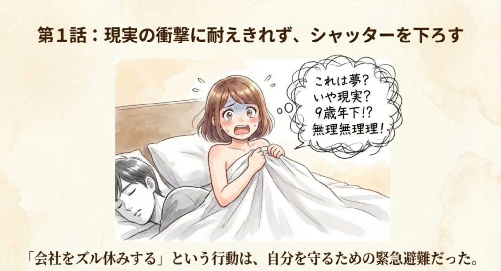 ホテルのベッドで目覚め、隣に寝ている田之倉を見て「無理無理！」と焦る花笑のイラスト