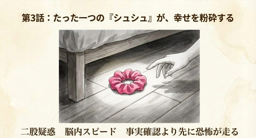 ベッドの下に落ちているピンク色のシュシュと、それに伸びる花笑の手のイラスト