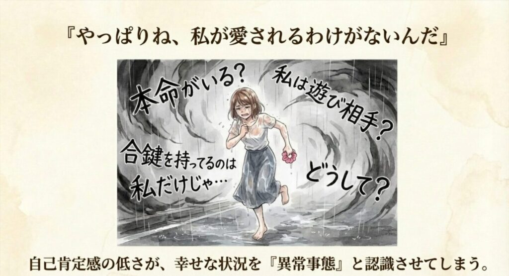 「本命がいる？」「私は遊び？」という疑念を抱えながら、雨の中を裸足で走る花笑のイラスト