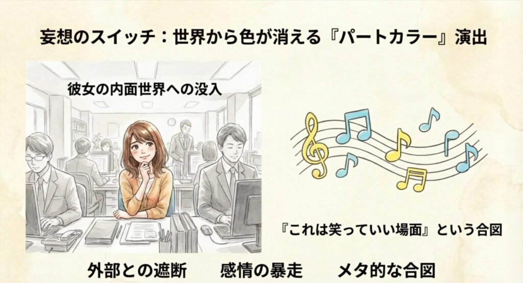 オフィスの雑音が消え、音楽記号と共に自分の世界に入り込んで笑顔になっている花笑のイラスト