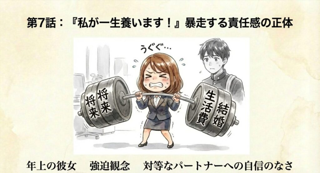 「将来」「結婚生活費」と書かれた巨大なバーベルを持ち上げようとして震えているスーツ姿の花笑のイラスト