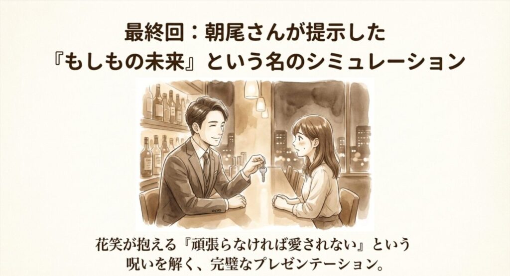 バーのような場所で、優しく微笑みながら合鍵を差し出すスーツ姿の朝尾のイラスト