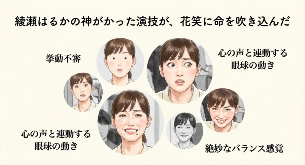 驚いた顔、引きつった笑顔、無表情など、綾瀬はるか演じる花笑の様々な表情のアップイラスト