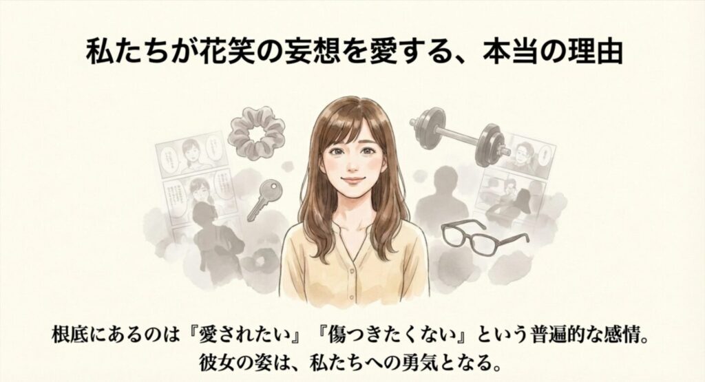 ソファでくつろぎながらタブレットを見て、穏やかで幸せそうな笑顔を浮かべる花笑のイラスト