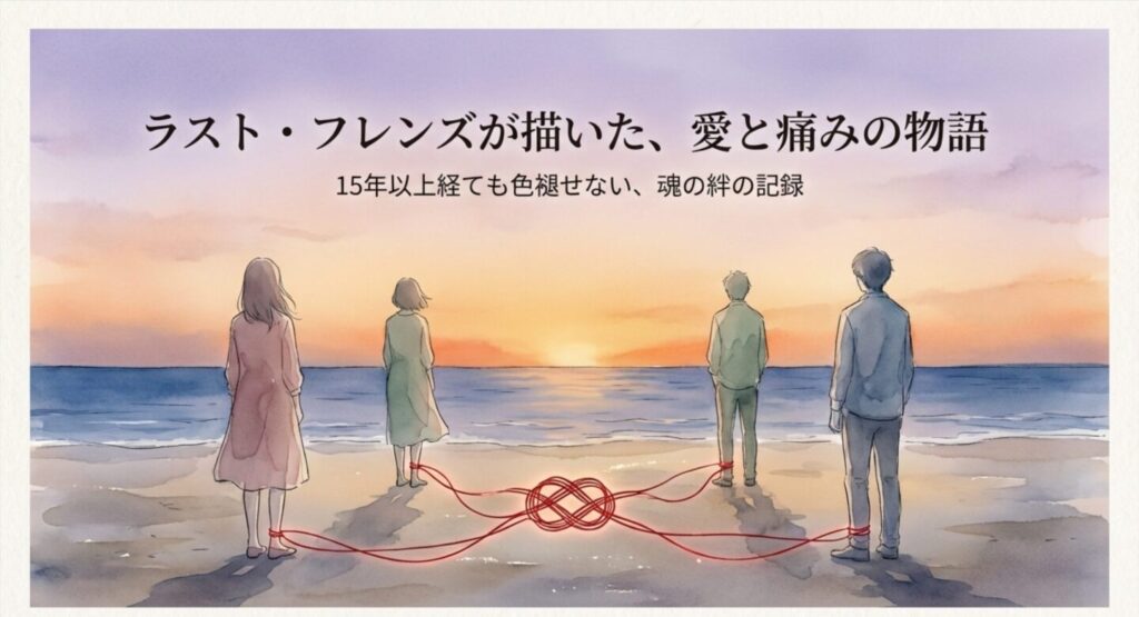 夕暮れの海辺に佇むラスト・フレンズの主要キャラクター4人の後ろ姿。足元は複雑に絡み合った赤い糸で繋がれており、ドラマの象徴的な絆と運命を表現しているイラスト。