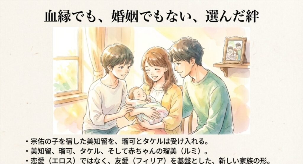 柔らかな光の中で、赤ちゃんの瑠美を囲んで微笑む美知留、瑠可、タケルの3人を描いたイラスト。血縁や制度を超えた「新しい家族」の温かさと希望を表現している。