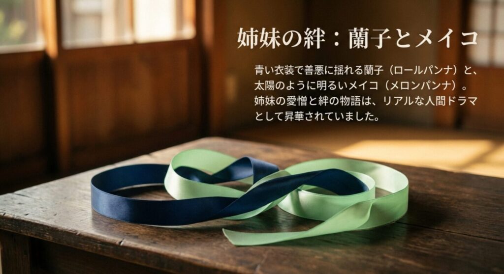 青い衣装の蘭子がロールパンナ、明るいメイコがメロンパンナであり、姉妹の愛憎と絆が描かれた