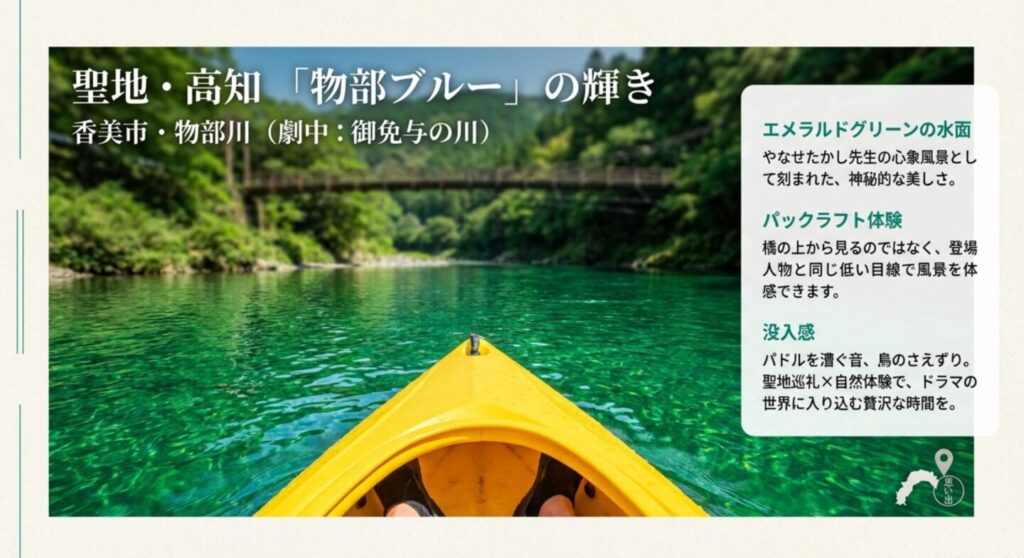 「物部ブルー」と呼ばれるエメラルドグリーンの水面と、ドラマの世界を体感できるパックラフト（小さなボート）体験のイメージ