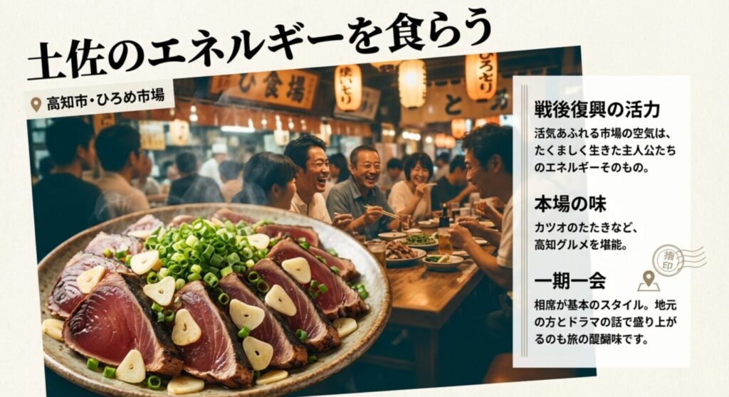 戦後の復興期のような活気に満ちたひろめ市場の様子と、高知グルメの代表格であるカツオのたたき