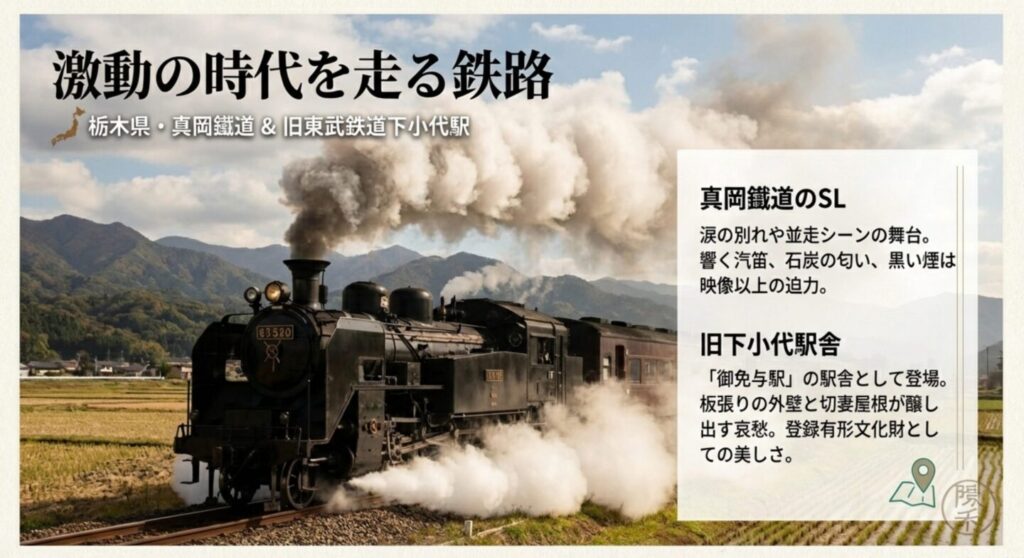 黒い煙を上げて田園風景を走る真岡鐵道のSLと、登録有形文化財であるレトロな木造の旧下小代駅駅舎