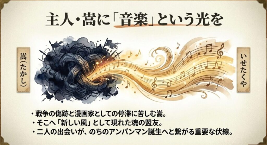 嵩（北村匠海さん演じる柳井嵩のモデル）に対し、彼が持ち込んだ「音楽」という光。