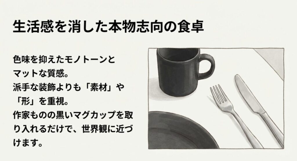 生活感を消した本物志向のモノトーン食器とカトラリーのコーディネート例