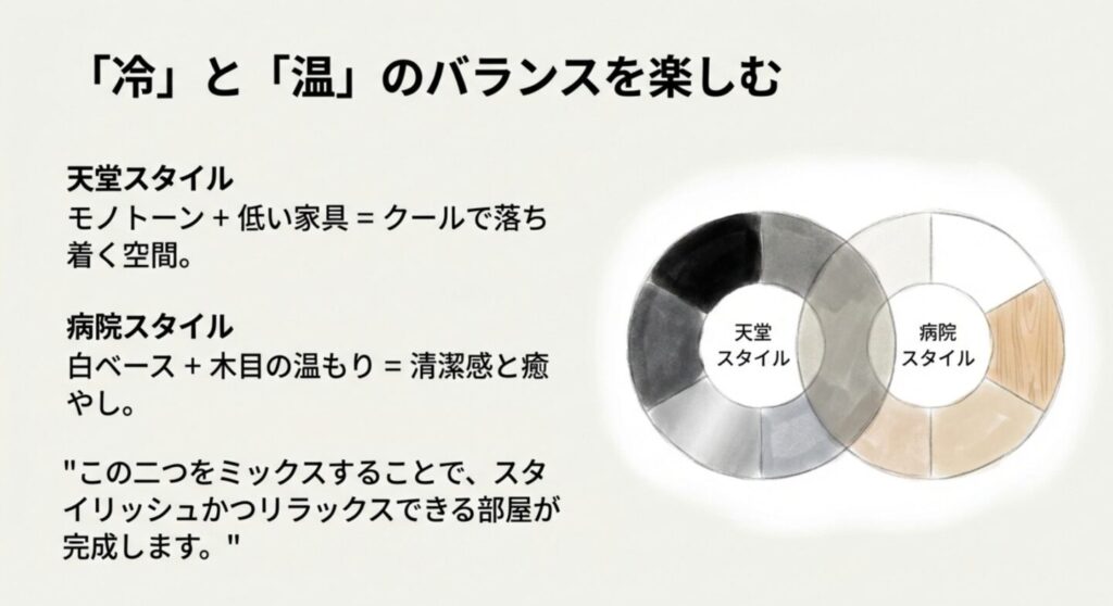 天堂スタイルの冷たさと病院スタイルの温かさのバランスを楽しむインテリア術