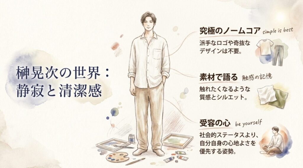 榊晃次の世界観:静寂と清潔感、究極のノームコアスタイル
